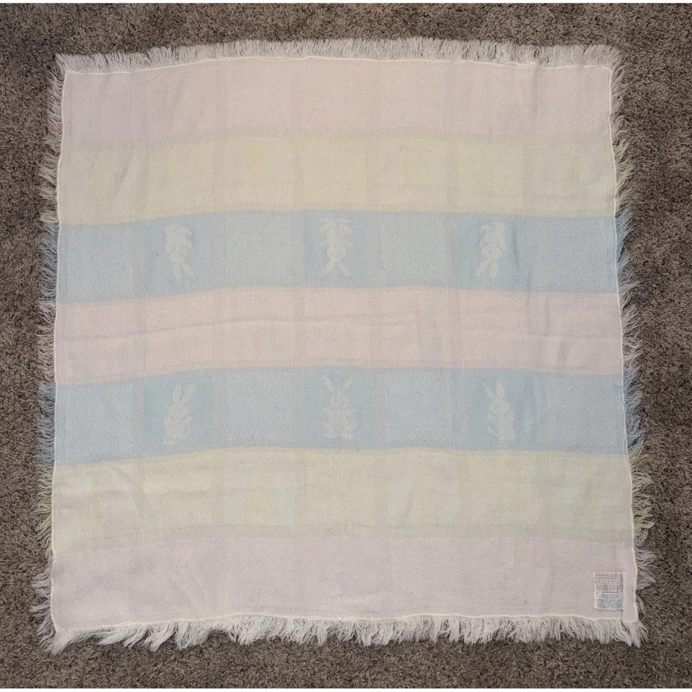 VTG All Mine Bunny Knit Baby Blanket Acrylic‎ Pastel Pink Blue Yellow Japan Made